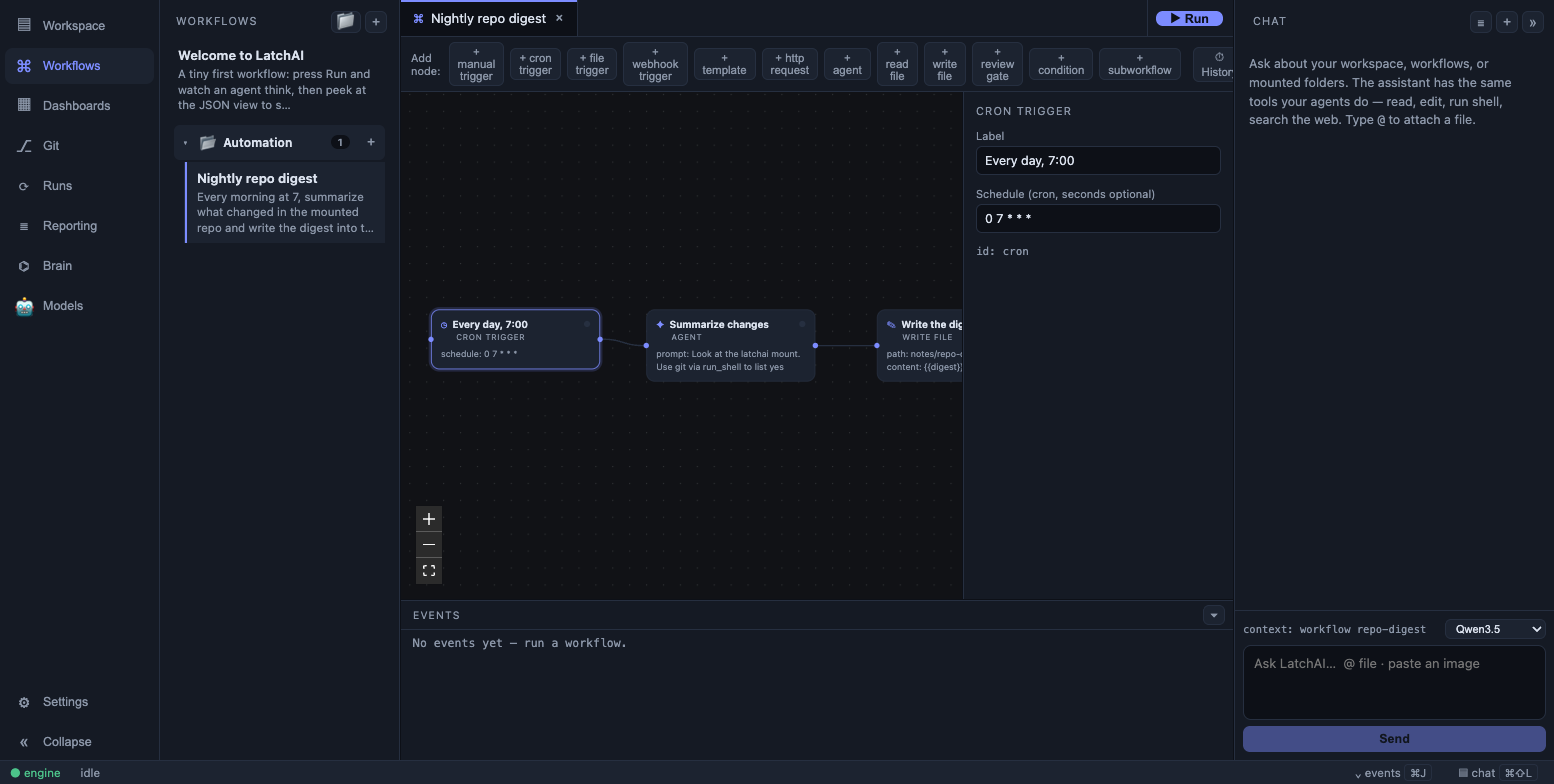 A cron trigger node and its inspector